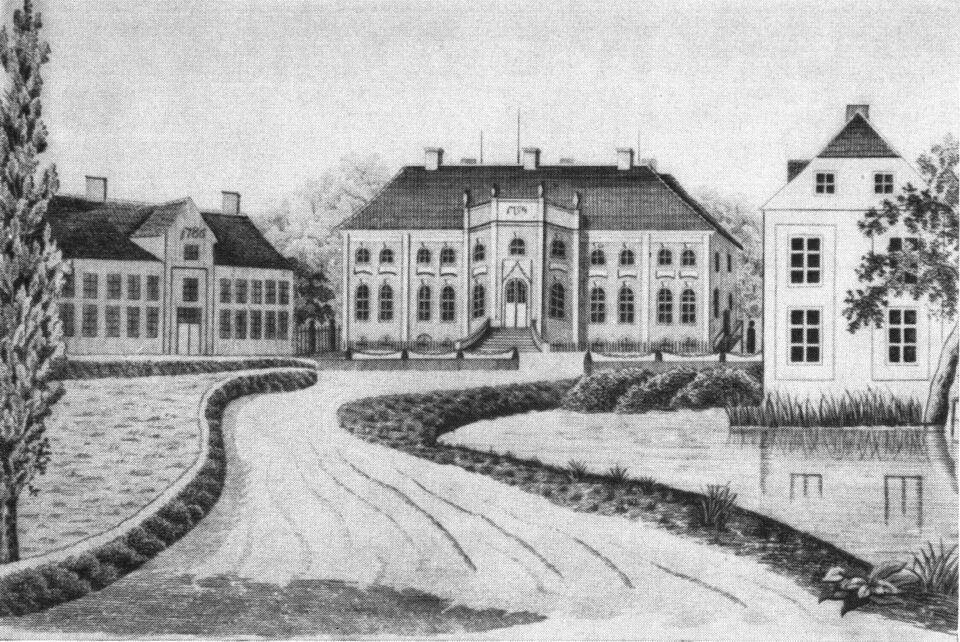 Historische Zeichnung von Gut Rundhof, zeigt ein Gutshaus mit Wassergraben, entstanden um 1800.